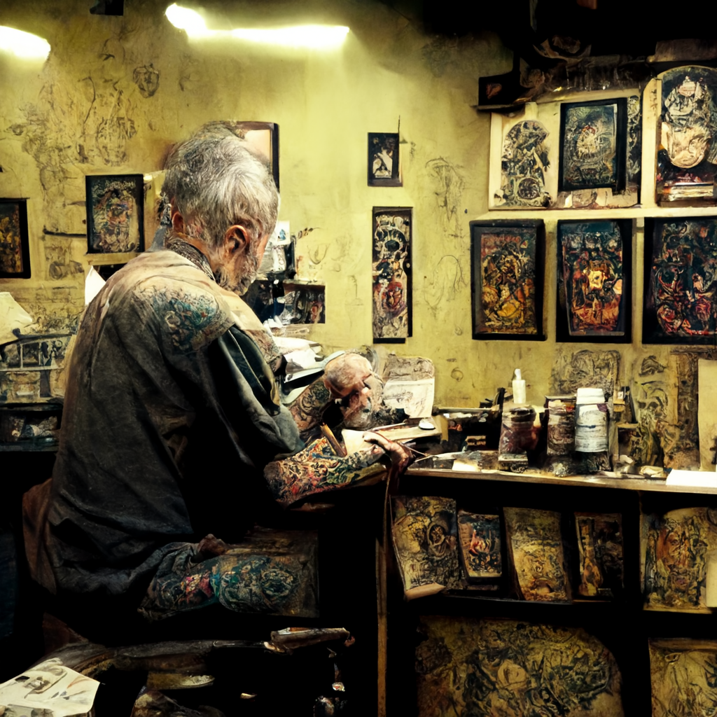 Old tattoo artist at the shop working