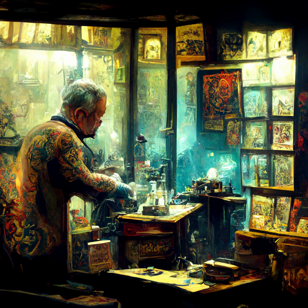 Tattoo Artist working In His Shop