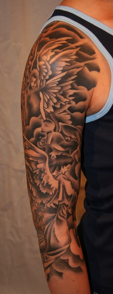  Angel sleeve tattoo by Brandon Notch 