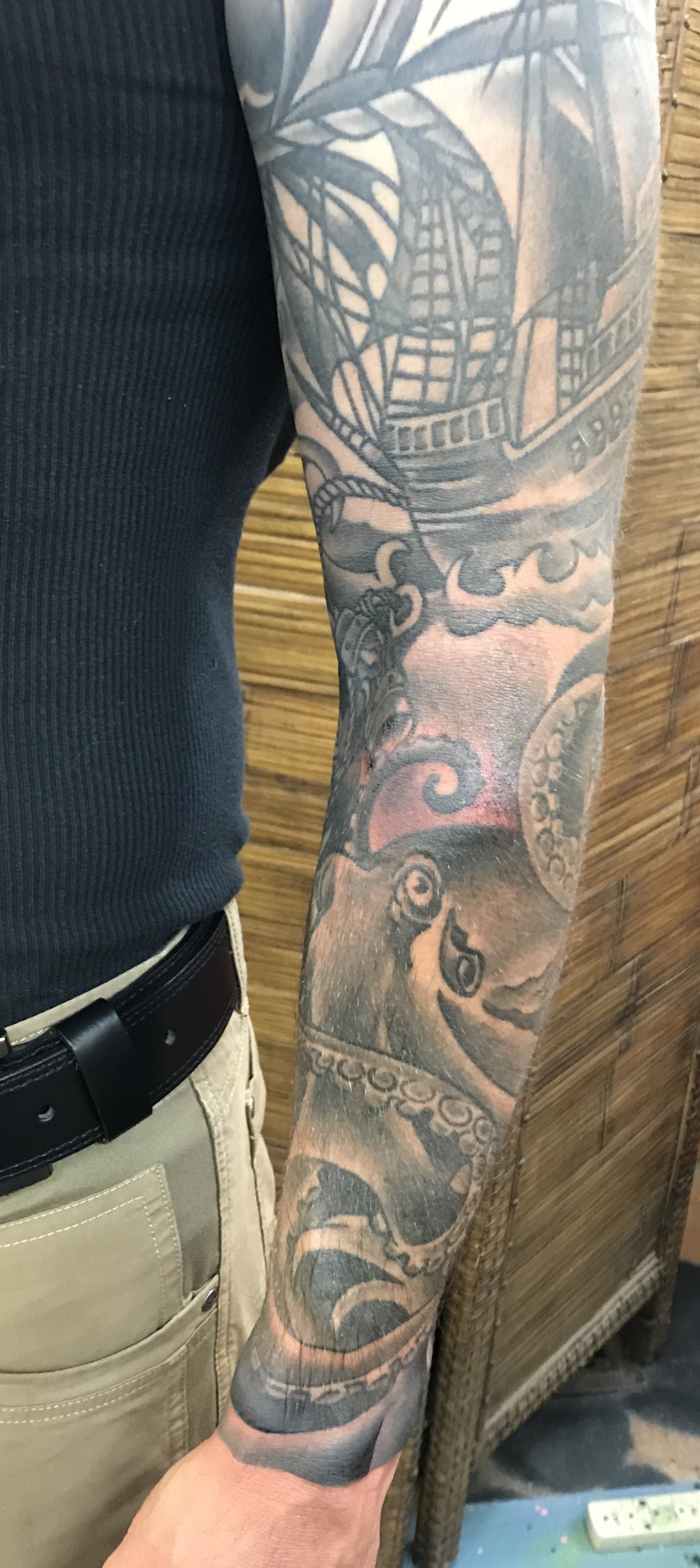  Pirate ship sleeve tattooed by Brandon Notch 