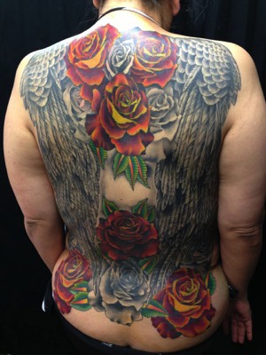  Angel wings & roses tattooed by Brandon Notch 