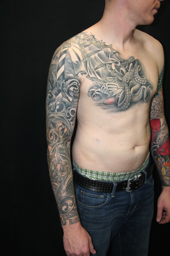  Black & gray ocean sleeve by Brandon Notch 