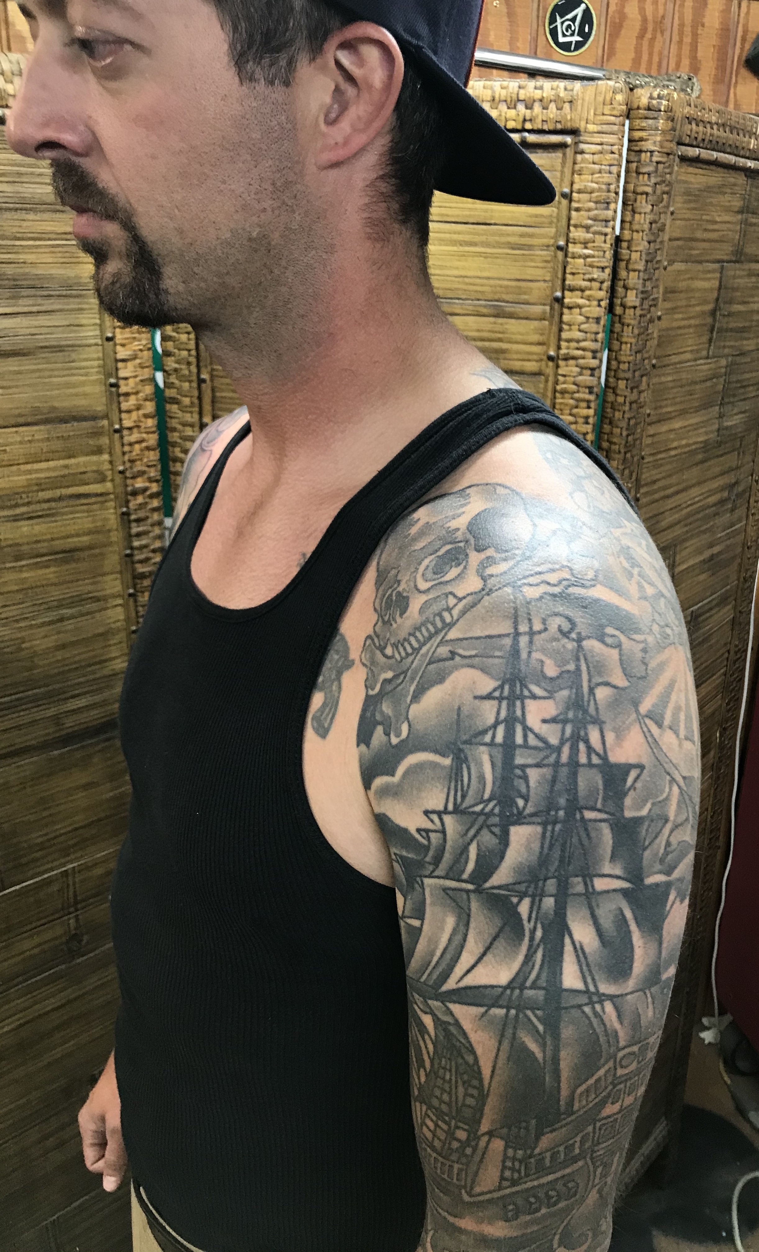  Pirate ship sleeve tattooed by Brandon Notch 