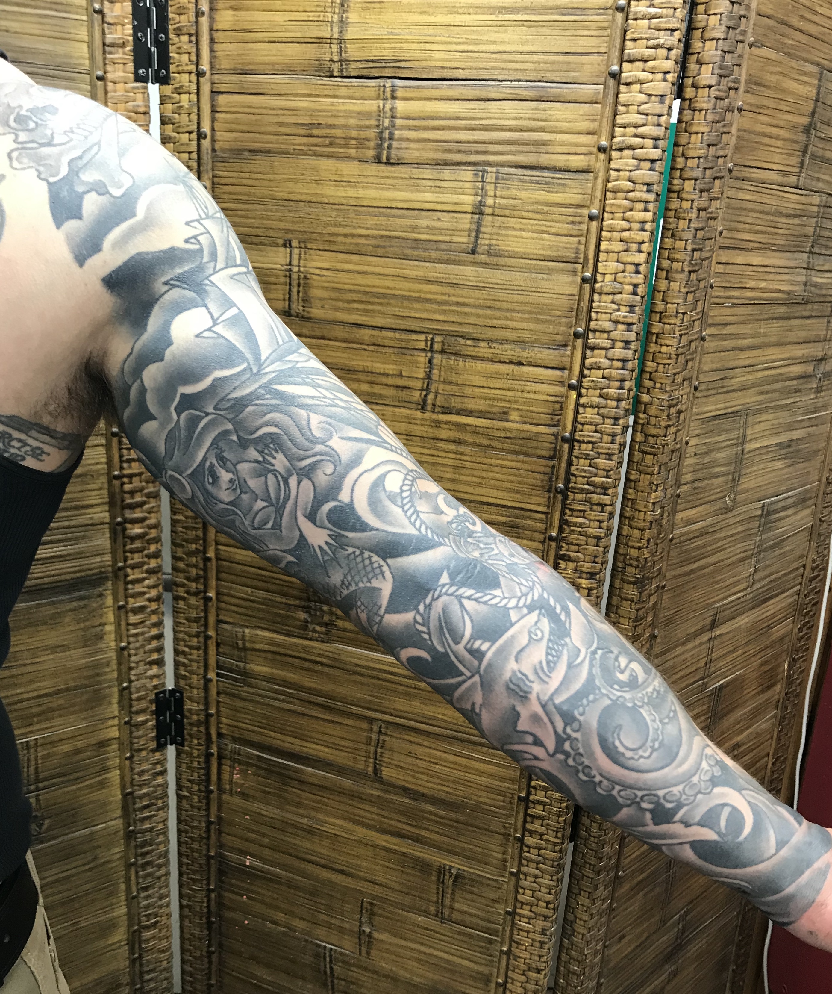  Pirate ship sleeve tattooed by Brandon Notch 