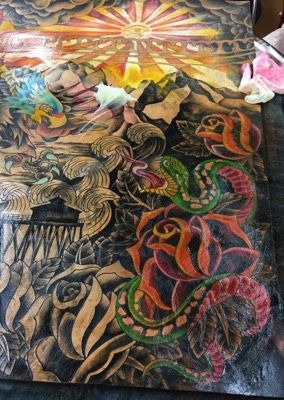  3 by 3 Foot Tattooed Leather Canvas by Brandon Garic Notch for Bulleit Whiskey. (In Progress) 
