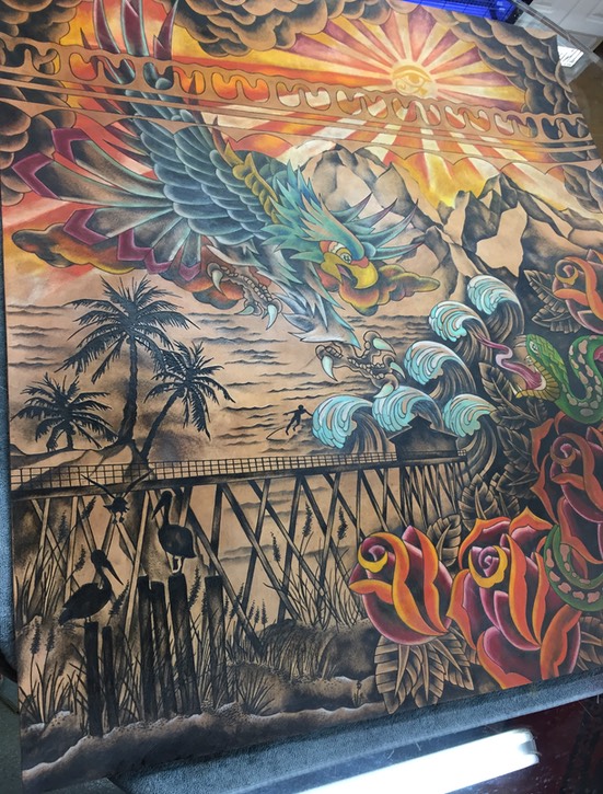  3 by 3 Foot Tattooed Leather Canvas by Brandon Garic Notch for Bulleit Whiskey. (In Progress) 