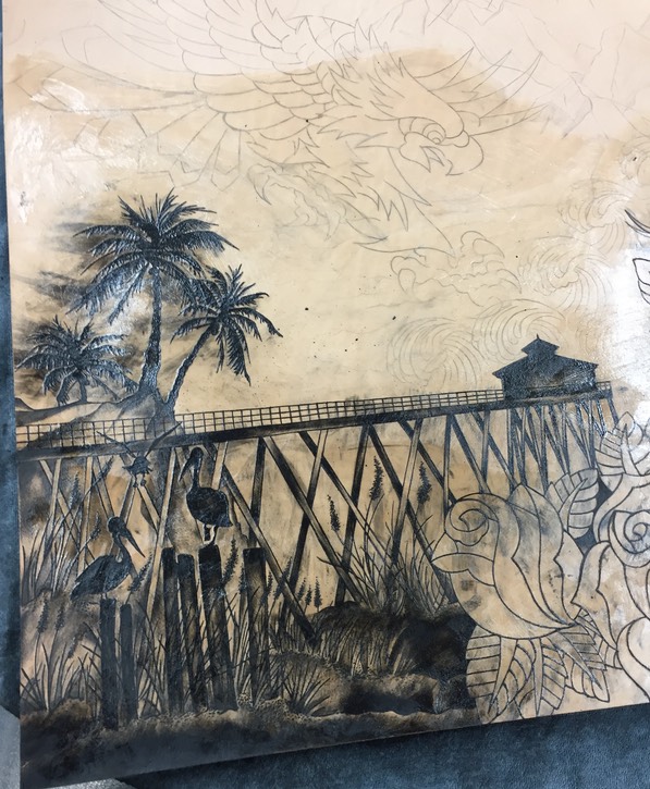  3 by 3 Foot Tattooed Leather Canvas by Brandon Garic Notch for Bulleit Whiskey. (In Progress) 