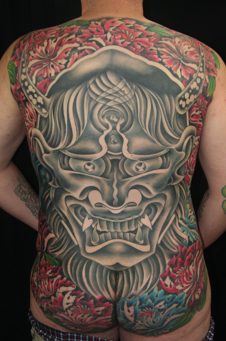  Japanese Hannya mask full back tattoo 