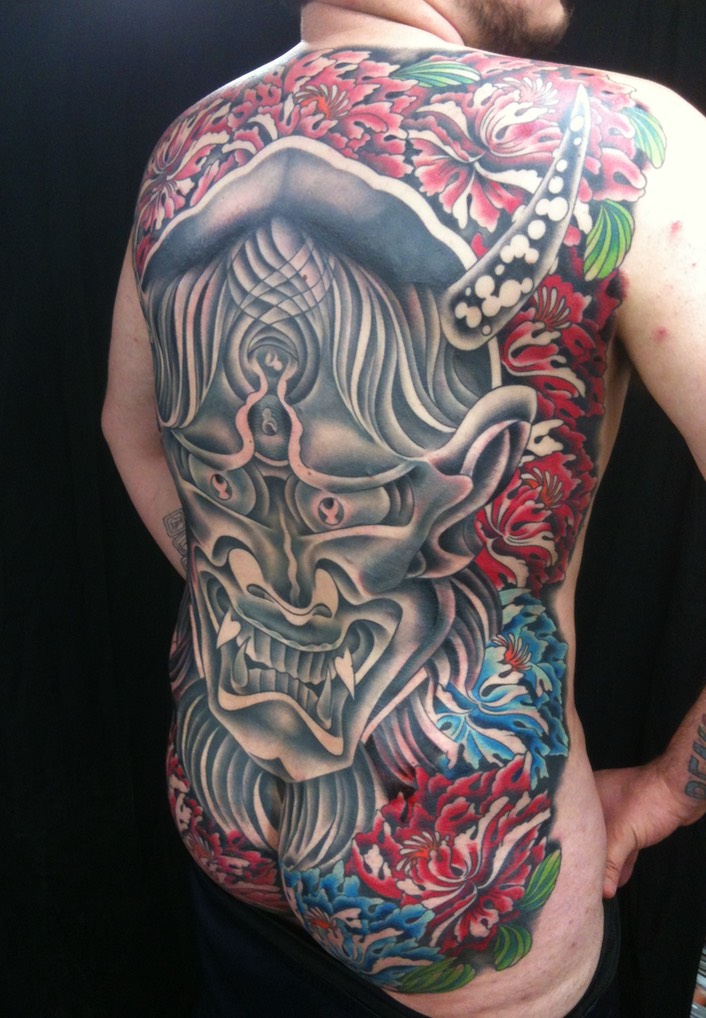  Japanese Hannya Mask & Peony Flowers tattoo 