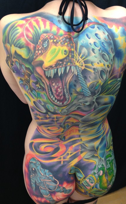  New-School Full Back Piece (Dinosaur Verse A Unicorn) Tattoo by Brandon Notch 