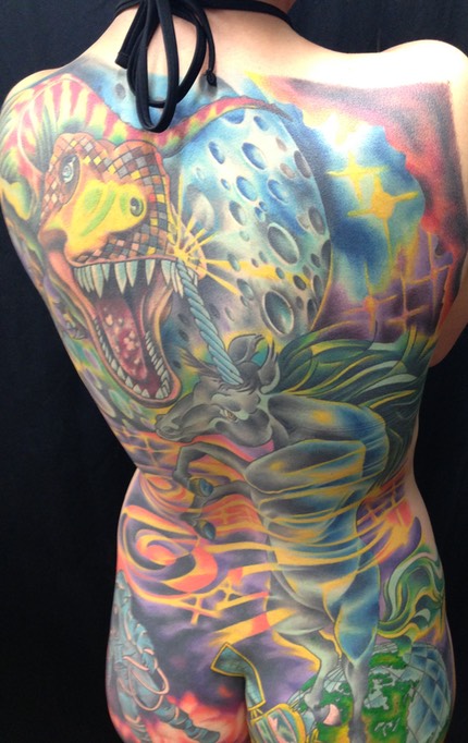  New-School Full Back Piece (Dinosaur Verse A Unicorn) Tattoo by Brandon Notch 