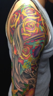  Day of the dead color gypsy girl sleeve tattoo 