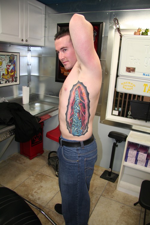  Water Virgin Mary tattoo by Brandon G Notch. (Design by Don Ed Hardy) 