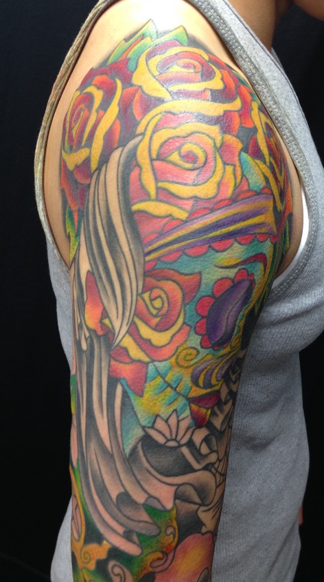  Day of the dead color gypsy girl sleeve tattoo 
