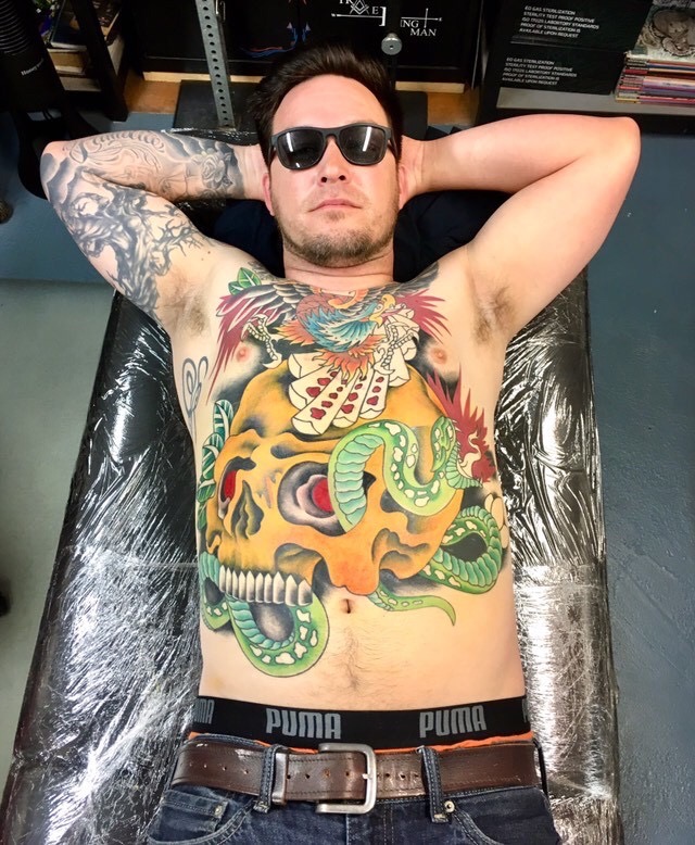  Eagle, skull, and snake full front tattoo In Progress by Brandon Notch. 