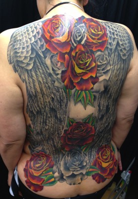  Roses & Angel Wings Full Back Piece Tattoo 