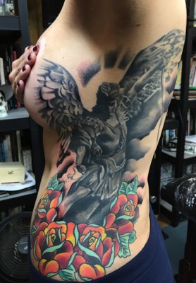  Saint Michael & Roses tattoo by Brandon Notch 