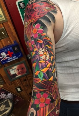  Japanese color Koi Fish sleeve tattoo by Brandon Notch 