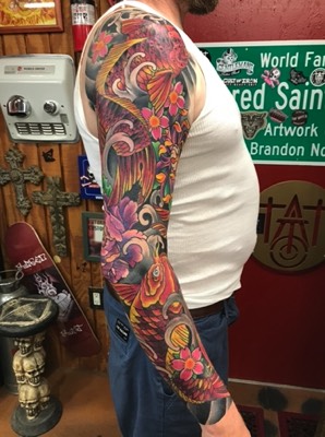  Japanese color Koi Fish tattoo sleeve by Brandon Notch 