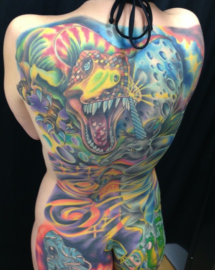  New-School Full Back Piece (Dinosaur Verse A Unicorn) Tattoo by Brandon Notch 