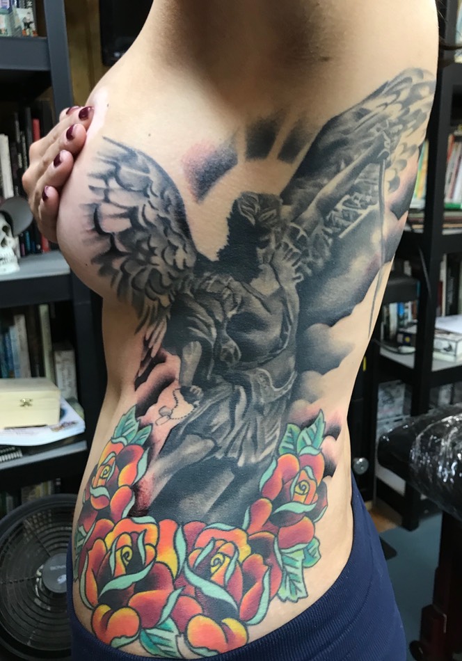  Saint Michael & Roses tattoo by Brandon Notch 