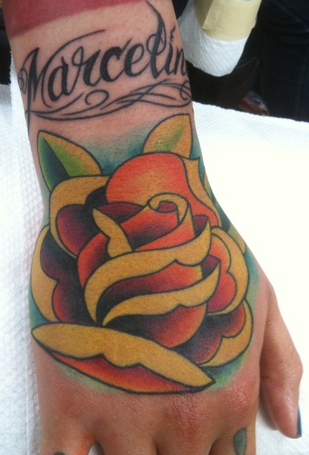  American traditional rose, hand tattoo by Brandon Notch 
