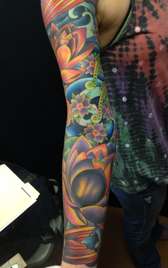  Lotus flower & seahorses sleeve by Brandon Notch 