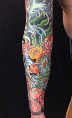 Hummingbird and flowers tattoo 