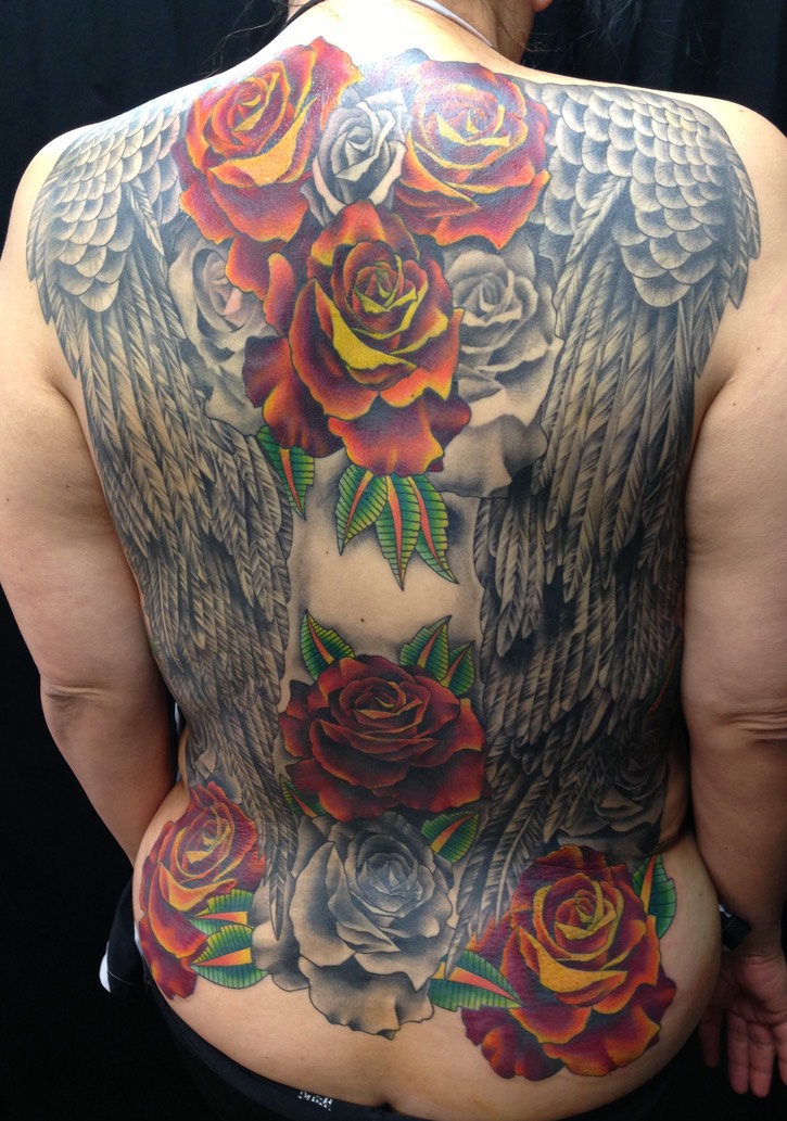  Roses & Angel Wings Full Back Piece Tattoo By Brandon G. Notch (Cover Up) 