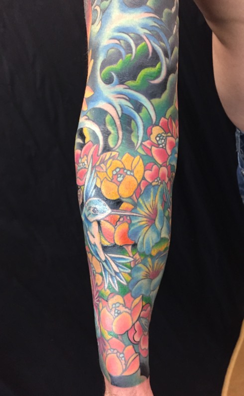  Hummingbird and flowers tattoo 