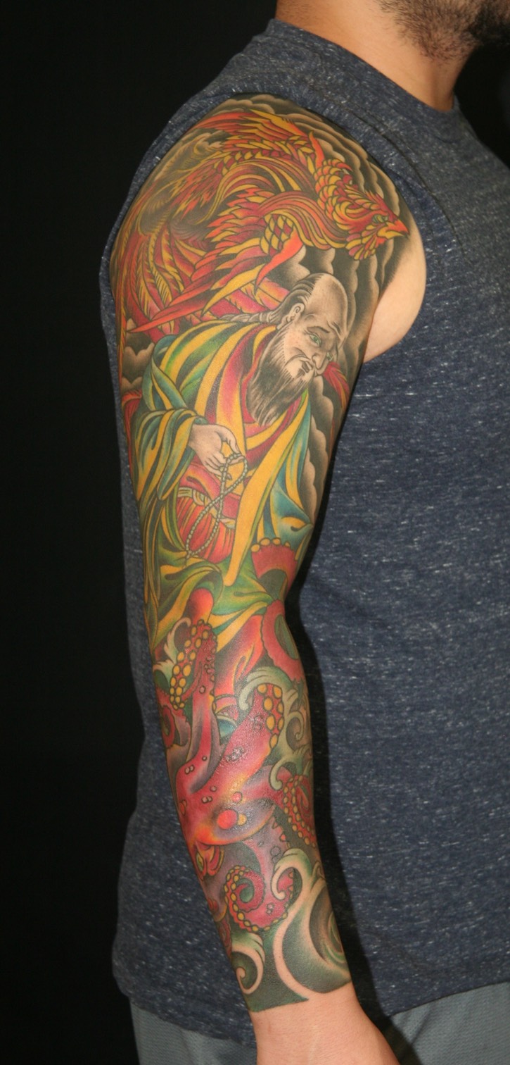  Buddhist monk, octopus, & phoenix sleeve by Brandon Notch 