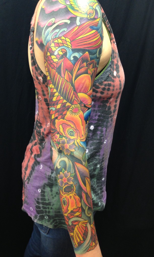  Koi fish new school tattoo sleeve 