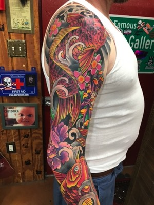  Color Koi Fish sleeve tattoo 
